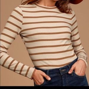 Basically In Love Beige Striped Ribbed Long Sleeve
